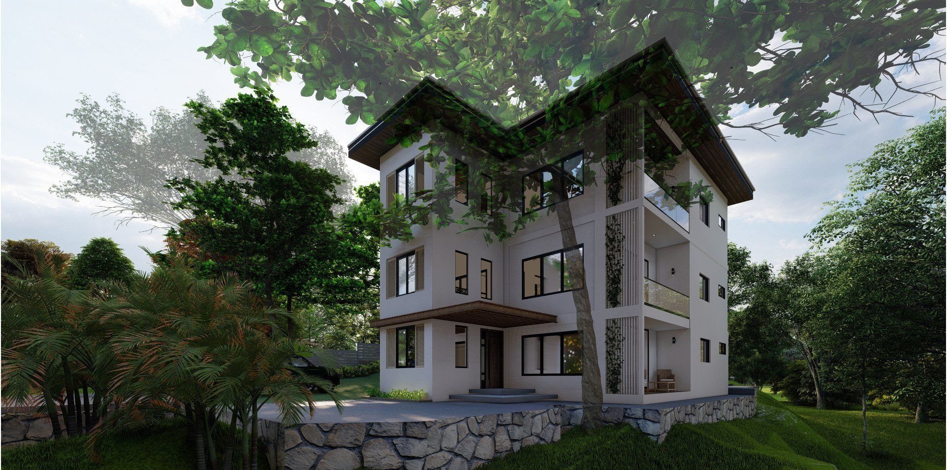 Sandy Bay, Roatán. Render del edificio entre árboles